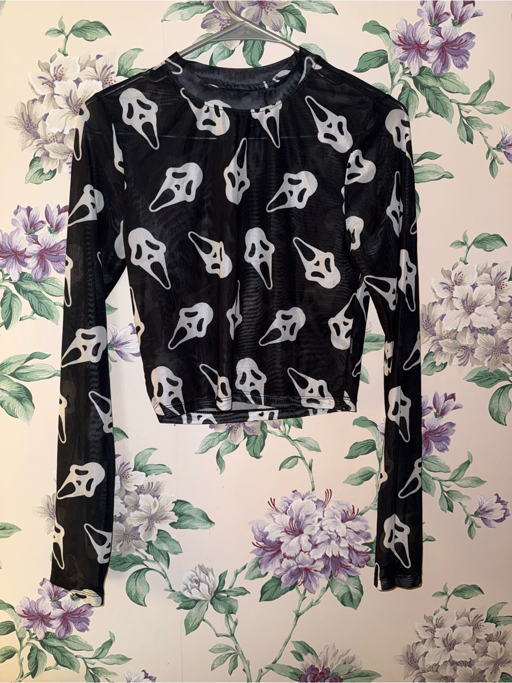 Black Long-Sleeve Mesh Tee with White Ghost Face Print